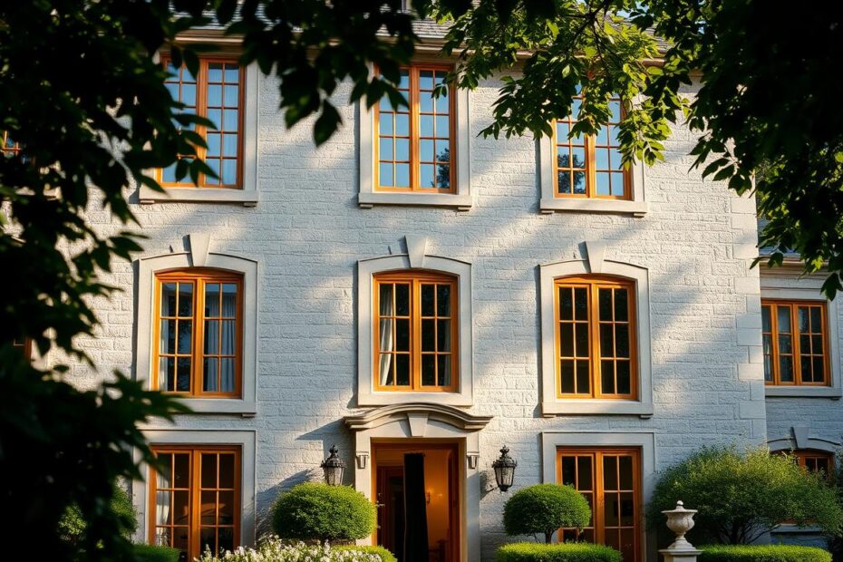 okna złoty dąb i szara elewacja