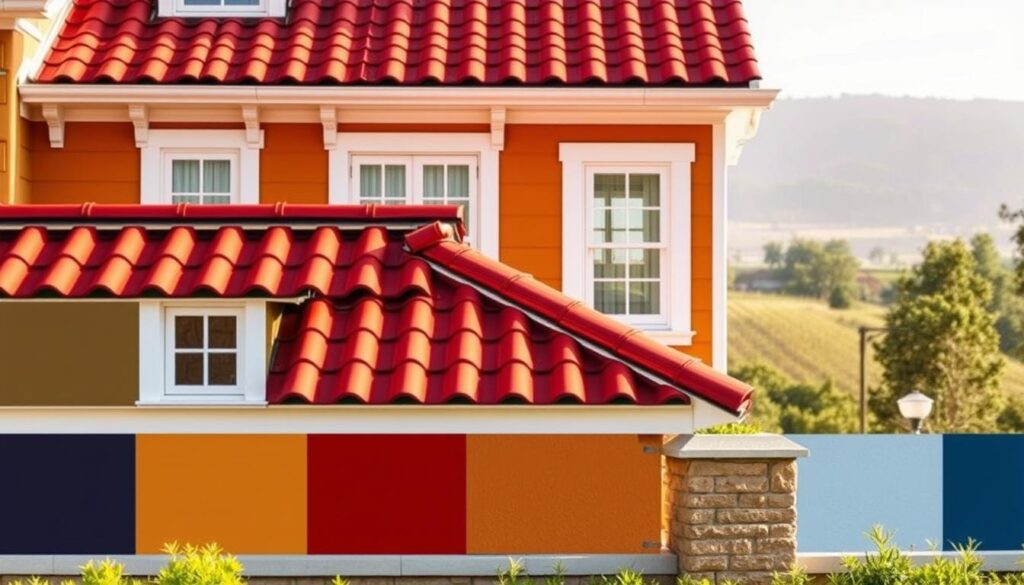 A beautifully rendered scene depicting a variety of vibrant exterior wall colors, perfectly complementing a classic red-tiled roof and bright white window frames. The foreground showcases a range of harmonious hues, from earthy ochres to lively reds and blues, thoughtfully arranged to create a visually striking palette. The middle ground features various architectural details, such as decorative moldings and textured surfaces, adding depth and visual interest. The background softly blurs into a hazy, sun-dappled landscape, evoking a warm, inviting atmosphere. Crisp, directional lighting casts subtle shadows, highlighting the depth and dimensionality of the scene. An elegant, balanced composition that captures the essence of selecting the ideal exterior colors for a home with a traditional red roof and white windows.