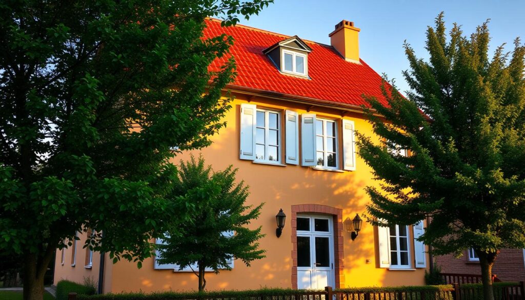 A charming two-story house with a vibrant red tile roof and crisp white window frames, bathed in warm, golden afternoon sunlight. The facade is painted in a soft, earthy tone, complementing the traditional European architectural style. Lush, verdant trees frame the scene, creating a serene and picturesque setting. The image conveys a sense of timeless elegance and tranquility, inviting the viewer to imagine themselves in this idyllic, rural countryside.