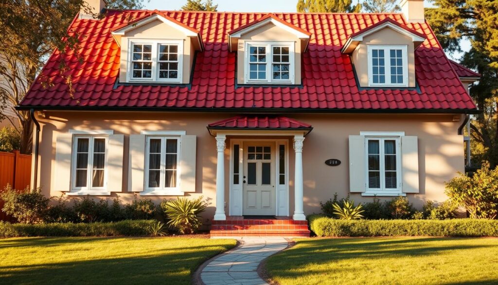 A charming two-story house with a vibrant red tile roof, crisp white window frames, and a warm, inviting exterior. The walls are painted in a soft, muted shade of beige, creating a harmonious contrast with the bold crimson roof. The scene is bathed in golden sunlight, casting gentle shadows and highlights that accentuate the architectural details. The front yard is neatly landscaped, with lush greenery and a gently winding path leading to the inviting entrance. The overall composition evokes a sense of classic European elegance and timeless appeal, perfectly suited for the section on color coordination for red-roofed homes with white windows. A charming two-story house with a vibrant red tile roof, crisp white window frames, and a warm, inviting exterior. The walls are painted in a soft, muted shade of beige, creating a harmonious contrast with the bold crimson roof. The scene is bathed in golden sunlight, casting gentle shadows and highlights that accentuate the architectural details. The front yard is neatly landscaped, with lush greenery and a gently winding path leading to the inviting entrance. The overall composition evokes a sense of classic European elegance and timeless appeal, perfectly suited for the section on color coordination for red-roofed homes with white windows.