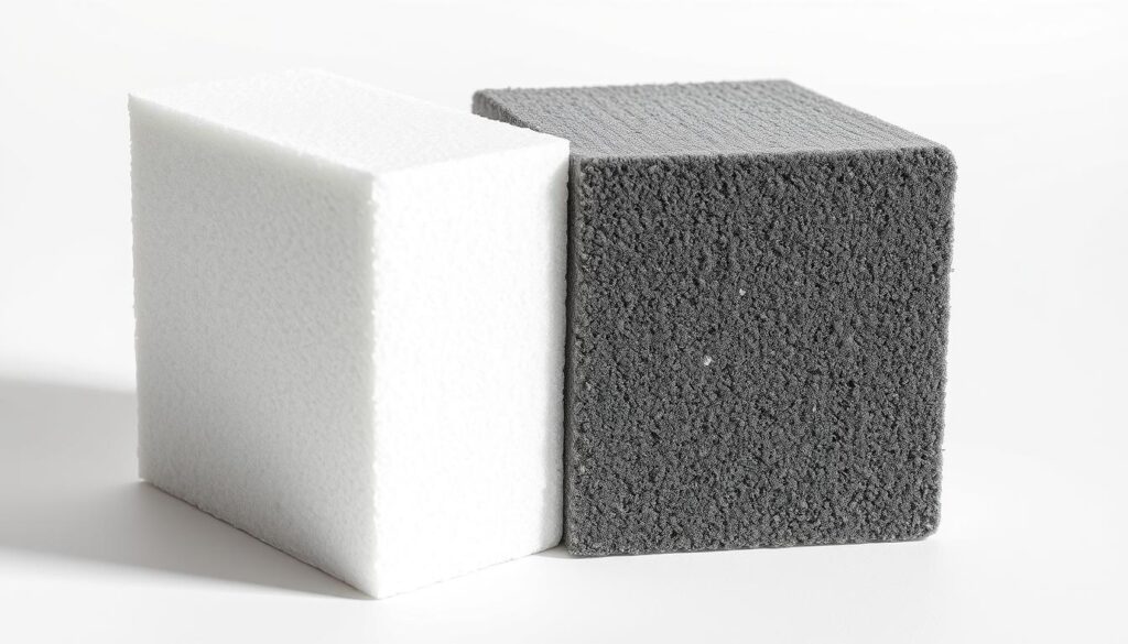 A close-up, high-resolution image of two blocks of styrofoam insulation, one pure white and the other graphite-colored. The blocks are positioned side by side, casting subtle shadows on a clean, neutral background. The lighting is soft and diffused, highlighting the textures and variations in the materials. The composition emphasizes the contrasting colors and densities of the two types of styrofoam, conveying a sense of their distinct properties and applications in building construction and home insulation.