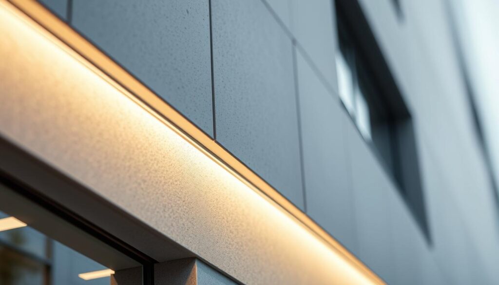 A close-up view of a LED profile installation on a modern building exterior. The profile is mounted flush against the facade, seamlessly integrated with the architecture. The lighting emits a warm, diffused glow that accentuates the textured surface of the building material. The camera angle captures the clean, minimalist design of the LED strip, highlighting its sleek aluminum housing and the precision of its installation. The background is blurred, placing the focus entirely on the elegant LED profile and its elegant integration into the building's facade.