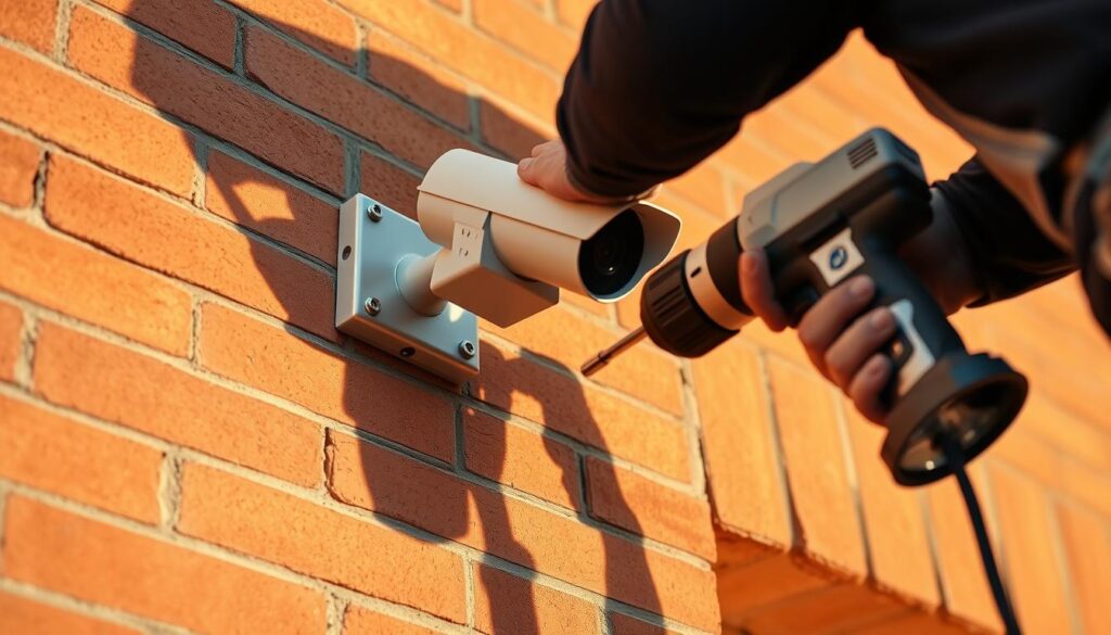 A close-up view of a person carefully installing a security camera on the facade of a brick building. The camera is mounted on a sturdy metal bracket, with a sleek, modern design. The worker is using a power drill to securely affix the camera, ensuring a professional and discreet installation. The warm, afternoon sunlight casts soft shadows across the facade, creating a sense of depth and dimension. The overall scene conveys a practical, hands-on approach to securing a property while blending seamlessly with the building's architecture.