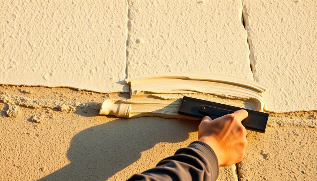 A close-up view of a worker applying a layer of plaster or stucco onto the exterior of a building, with a backdrop of a freshly insulated wall made of white polystyrene foam (styrofoam). The plaster is being smoothed and leveled with a trowel, creating a uniform, textured surface. Warm, directional lighting illuminates the scene, casting shadows that accentuate the depth and materiality of the process. The overall atmosphere is one of a skilled, methodical application, capturing the technical expertise required for this construction step in a visually engaging manner.