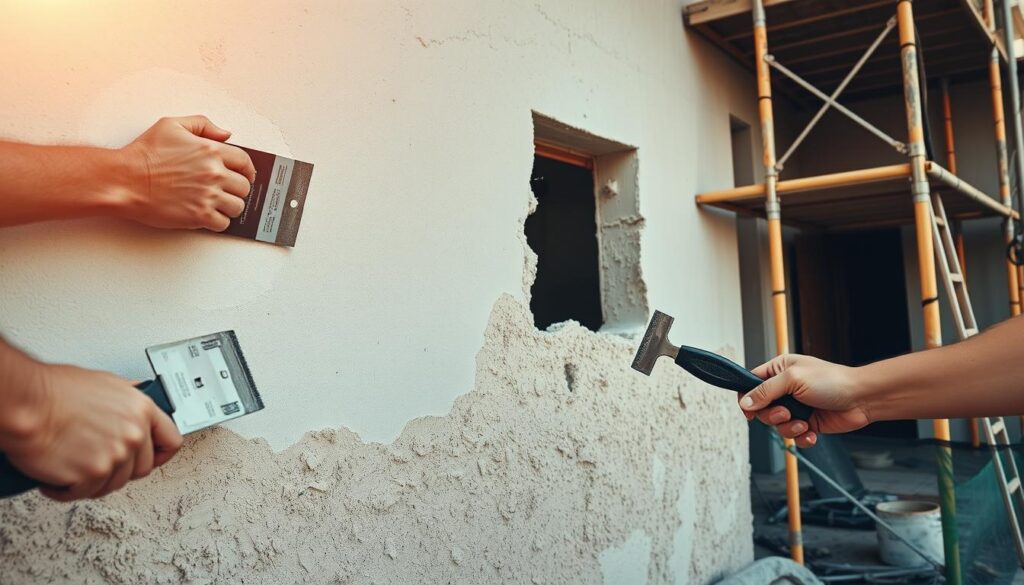A construction site featuring a partially plastered exterior wall, with workers applying stucco using trowels. The foreground showcases the workers' hands and tools, capturing the skilled labor involved in the plastering process. The middle ground depicts the partially plastered wall, revealing the textures and patterns of the stucco application. The background features a scaffolding system and other construction equipment, suggesting a larger-scale residential or commercial building project. The lighting is natural, with warm hues reflecting the sun's rays, creating a sense of warmth and productivity. The overall atmosphere conveys the hard work and attention to detail required for a professional stucco finish on an exterior facade. A construction site featuring a partially plastered exterior wall, with workers applying stucco using trowels. The foreground showcases the workers' hands and tools, capturing the skilled labor involved in the plastering process. The middle ground depicts the partially plastered wall, revealing the textures and patterns of the stucco application. The background features a scaffolding system and other construction equipment, suggesting a larger-scale residential or commercial building project. The lighting is natural, with warm hues reflecting the sun's rays, creating a sense of warmth and productivity. The overall atmosphere conveys the hard work and attention to detail required for a professional stucco finish on an exterior facade.