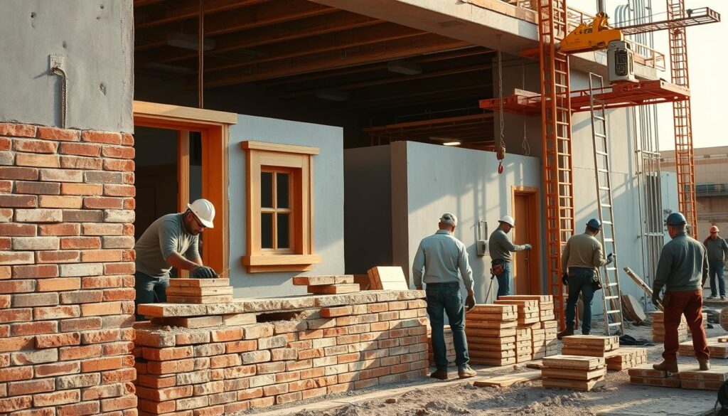 A construction site featuring a variety of workers engaged in various tasks related to building an exterior wall or facade. In the foreground, skilled masons are carefully laying bricks and mortar, meticulously measuring and aligning the rows. In the middle ground, carpenters are installing wooden trim and accents, while painters carefully brush paint onto the freshly plastered surfaces. In the background, a crane lifts heavy materials and equipment, with other workers coordinating the delivery and placement of these items. The lighting is a combination of warm, natural sunlight and focused work lamps, creating depth and highlights the textures of the different materials. The overall mood is one of industrious activity, with a sense of professional expertise and efficiency.
