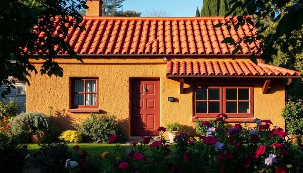 A cozy, traditional house with a vibrant red tile roof stands amid a lush, verdant landscape. The exterior walls are painted in a warm, earthy tone that complements the roof's rich crimson hue. The sunlight casts a gentle glow, illuminating the textured facade and casting soft shadows that accentuate the architectural details. In the foreground, a well-tended garden bursts with colorful flowers, adding a touch of natural beauty to the scene. The overall composition exudes a sense of harmony and timeless charm, perfectly capturing the essence of a harmonious color palette for a home with a red roof.