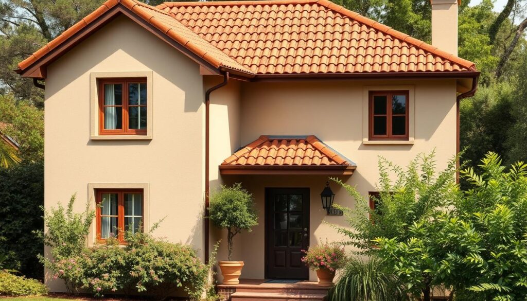 A cozy two-story house with a warm brown tiled roof, surrounded by lush greenery. The façade is painted in a harmonious color palette, expertly chosen to complement the rich roofing hue. Subtle beige or light tan tones on the walls create a soothing, inviting atmosphere. Complementary brown window frames and trim add depth and texture. Gentle shadows and soft natural lighting imbue the scene with a sense of tranquility and balance. The overall composition highlights the seamless integration of the home's architectural elements, showcasing a timeless and elegant aesthetic.