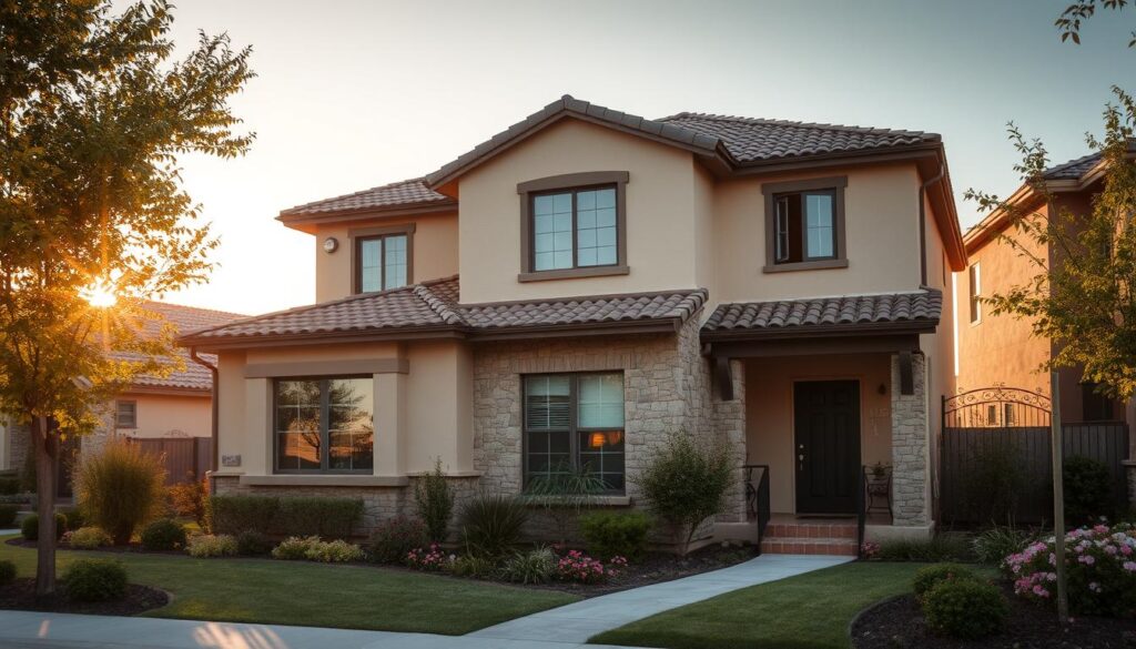 A cozy two-story house with a warm, inviting brown tile roof nestled in a tranquil suburban neighborhood. The façade features a harmonious blend of light beige stucco and rustic stone accents, creating a timeless and sophisticated aesthetic. Large, energy-efficient windows let in ample natural light, while carefully placed landscaping, including lush shrubs and flowering plants, frame the entryway and add pops of color. The scene is illuminated by a soft, golden glow from the setting sun, casting long shadows and imbuing the space with a serene, inviting atmosphere.