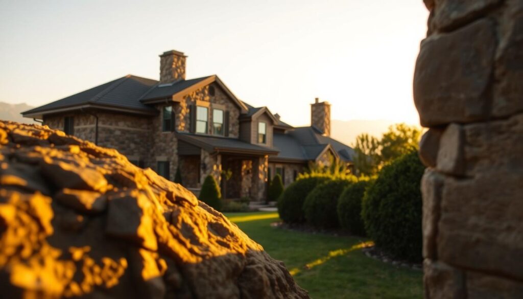 A cozy two-story house with a well-crafted stone and plaster exterior, illuminated by warm afternoon sunlight. The foreground features a close-up view of the textured facade, showcasing the intricate patterns and colors of the building materials. In the middle ground, a well-manicured lawn and neatly trimmed shrubs frame the house, creating a picturesque scene. The background gently fades into a hazy, golden-hued skyline, conveying a sense of tranquility and inviting the viewer to imagine the cost and craftsmanship behind this beautiful home's exterior. A cozy two-story house with a well-crafted stone and plaster exterior, illuminated by warm afternoon sunlight. The foreground features a close-up view of the textured facade, showcasing the intricate patterns and colors of the building materials. In the middle ground, a well-manicured lawn and neatly trimmed shrubs frame the house, creating a picturesque scene. The background gently fades into a hazy, golden-hued skyline, conveying a sense of tranquility and inviting the viewer to imagine the cost and craftsmanship behind this beautiful home's exterior.
