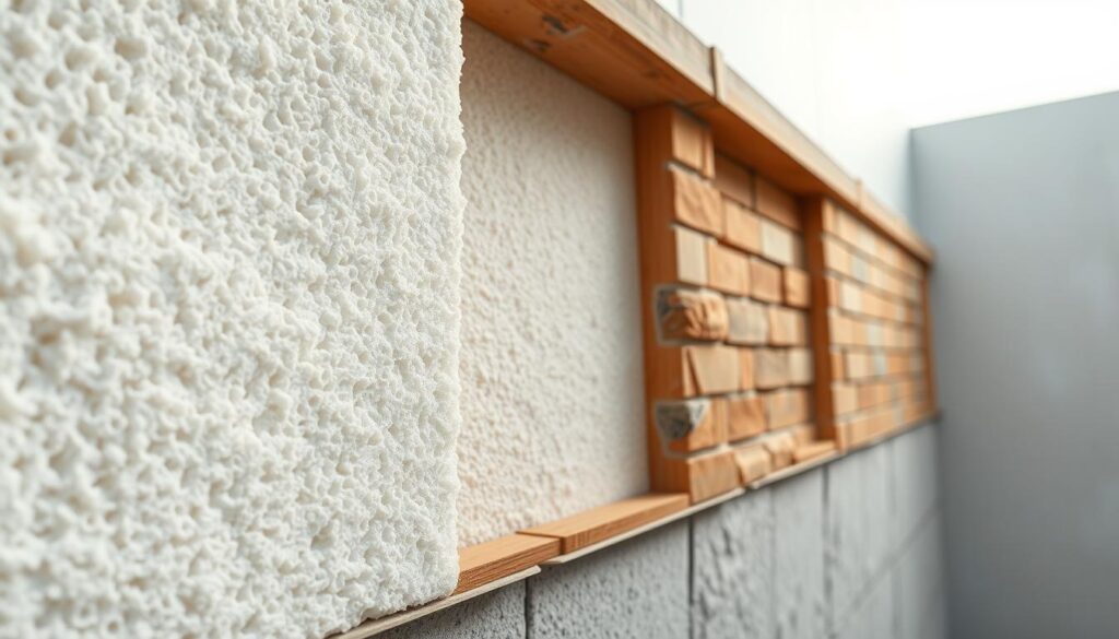 A cross-section of a building wall, showcasing the effectiveness of polystyrene foam insulation. The foreground displays a detailed, high-resolution view of the styrofoam's intricate cellular structure, with precise rendering of its texture and color variations. The middle ground depicts the styrofoam panel installed within the wall cavity, nestled between layers of drywall, brick, and other building materials. The background provides a sense of scale, revealing the full height and depth of the wall assembly. The lighting is soft and diffused, highlighting the insulating properties of the styrofoam and creating a warm, inviting atmosphere. The overall composition conveys the vital role of effective thermal insulation in maintaining a comfortable and energy-efficient building envelope.