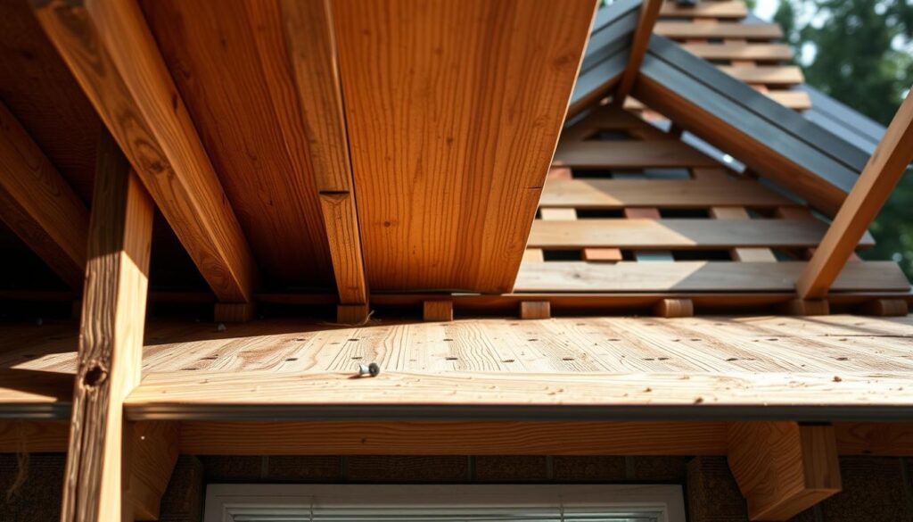 A detailed and cohesive scene depicting the most common installation mistakes during the assembly of roof soffits. In the foreground, a close-up view showcases improper nail placement, gaps, and uneven seams. The middle ground reveals an incomplete soffit installation, with visible overlapping panels and misaligned edges. In the background, a wider perspective shows a partially installed soffit system, highlighting inconsistent spacing, protruding fasteners, and overall poor workmanship. The scene is illuminated by natural, soft lighting, creating a sense of realism and highlighting the technical flaws. The overall mood is one of careful observation, inviting the viewer to critically examine the common pitfalls of soffit installation.