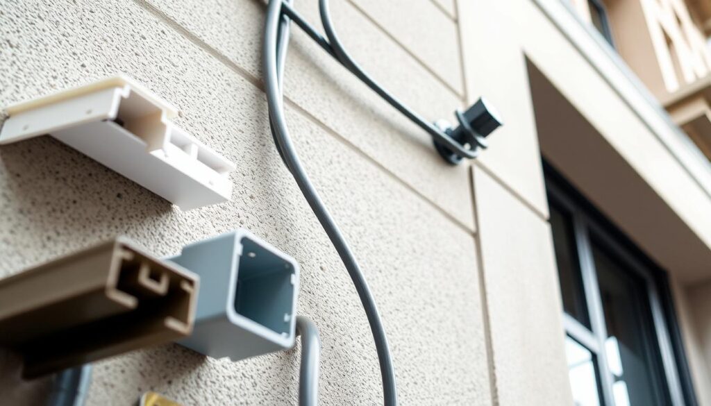 A detailed close-up view of various techniques for concealing electrical cables on a building facade. The foreground features different cable cover options, including plastic raceways, wire trunking, and paintable cable trunks, arranged in a visually appealing composition. The middle ground shows the cables being routed along the wall, blending into the texture and color of the exterior. The background depicts the building's architectural details, creating a sense of context and integration. The lighting is soft and diffused, emphasizing the subtle solutions for cable management. The overall mood is one of practical problem-solving and aesthetic harmony.