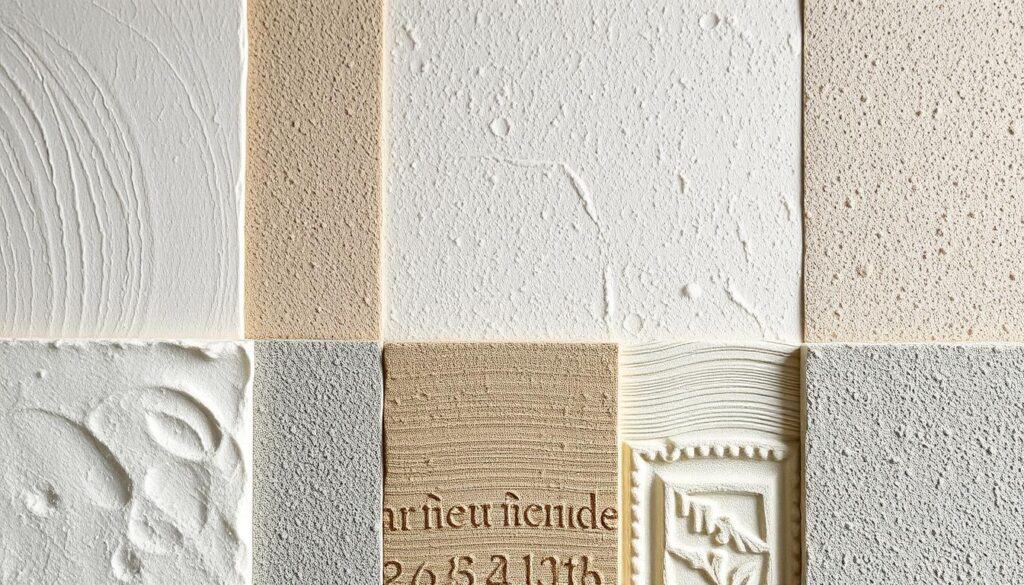 A detailed close-up view of various types of exterior wall finishes, showcasing a range of texture, color, and application techniques. The foreground highlights a selection of common stucco, plaster, and cement-based renderings, each with its own distinct finish and surface profile. The middle ground features a comprehensive display of decorative patterns, including smooth, brushed, and troweled surfaces. The background depicts a well-lit, neutral studio setting, allowing the textural qualities of the materials to take center stage. Crisp lighting from multiple angles accentuates the depth, shadows, and nuances of each finish, creating a visually engaging and informative composition. A detailed close-up view of various types of exterior wall finishes, showcasing a range of texture, color, and application techniques. The foreground highlights a selection of common stucco, plaster, and cement-based renderings, each with its own distinct finish and surface profile. The middle ground features a comprehensive display of decorative patterns, including smooth, brushed, and troweled surfaces. The background depicts a well-lit, neutral studio setting, allowing the textural qualities of the materials to take center stage. Crisp lighting from multiple angles accentuates the depth, shadows, and nuances of each finish, creating a visually engaging and informative composition.