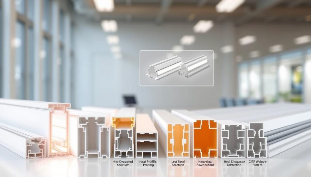 A detailed comparison of various LED profile designs, showcasing their distinctive features and applications. In the foreground, an array of LED profiles in different shapes and sizes, meticulously rendered with realistic textures and subtle highlights. In the middle ground, a technical illustration highlighting the cross-sectional details of each profile, emphasizing their unique structural properties and heat dissipation mechanisms. The background features a subtly blurred, softly lit environment, setting a calm and informative tone. The lighting is clean and neutral, allowing the technical details of the profiles to stand out. The overall composition conveys a sense of educational clarity, guiding the viewer through the nuances of LED profile selection for architectural applications.