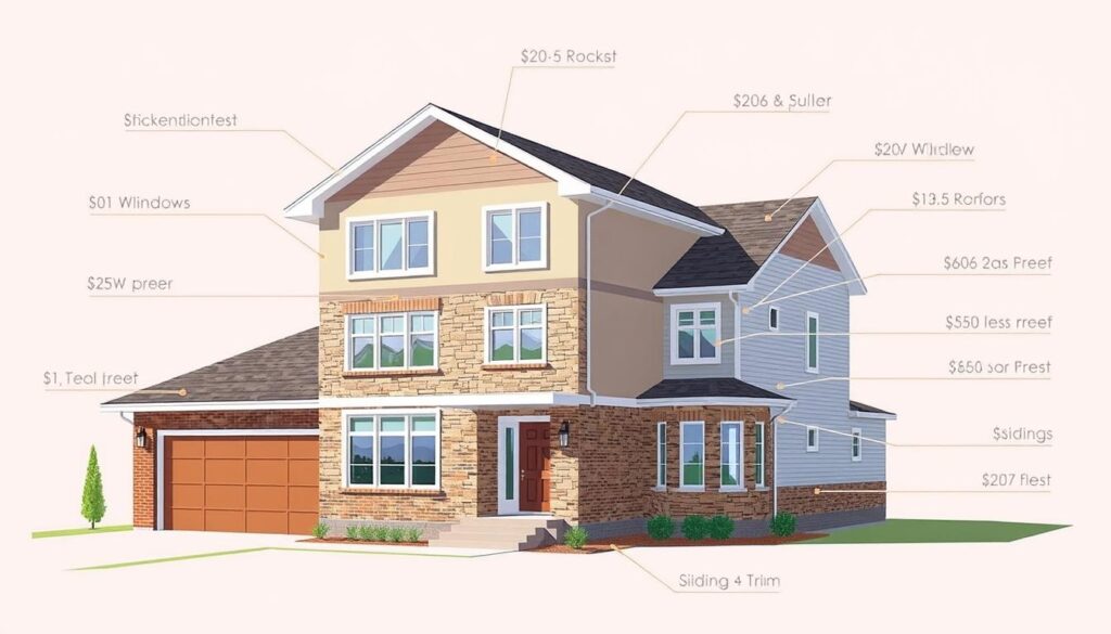 A detailed, high-quality architectural illustration showcasing the costs associated with finishing a home's exterior. The focal point is a well-designed two-story house with a contemporary facade, featuring a mix of materials such as brick, stucco, and stone. The image highlights various cost-related elements, including windows, doors, siding, trim, and roofing. The composition features a clear foreground, middle ground, and background, with a warm, natural lighting scheme and a slightly elevated camera angle to provide a comprehensive view. The overall mood is informative and visually appealing, catering to the needs of the article's "Co na elewacje domu – praktyczny poradnik" section on "Koszty wykończenia elewacji domu".