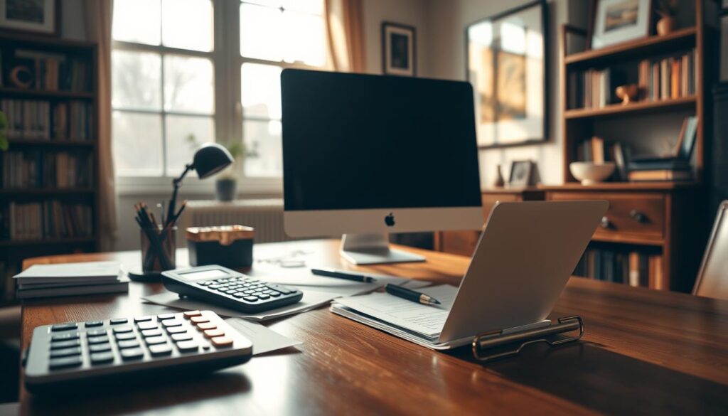 A detailed interior scene of a home office with a computer, calculator, and financial documents on a wooden desk. The scene is bathed in warm, diffused lighting from a large window, casting soft shadows. The background features bookshelves and framed artwork, creating a cozy and professional atmosphere. The camera angle is slightly elevated, capturing the desk and its contents in the foreground, with the surrounding environment providing context and depth. The overall mood is one of thoughtful calculation and financial planning. A detailed interior scene of a home office with a computer, calculator, and financial documents on a wooden desk. The scene is bathed in warm, diffused lighting from a large window, casting soft shadows. The background features bookshelves and framed artwork, creating a cozy and professional atmosphere. The camera angle is slightly elevated, capturing the desk and its contents in the foreground, with the surrounding environment providing context and depth. The overall mood is one of thoughtful calculation and financial planning.