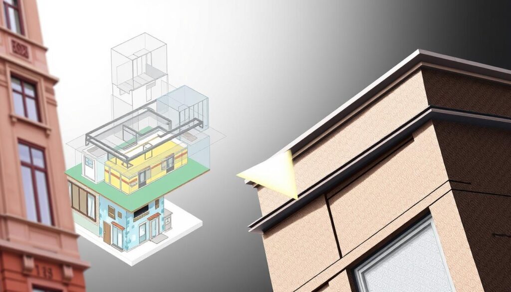 A detailed, three-dimensional illustration showcasing the key factors affecting the measurement of building facades. In the foreground, a close-up view of a corner of a building facade, highlighting the various architectural elements such as windows, doors, and decorative features. In the middle ground, a cross-section diagram illustrating the different layers and materials that make up the facade, including insulation, cladding, and structural supports. In the background, a wide-angle perspective of the building, with a focus on the overall shape, dimensions, and orientation, as well as the surrounding environment and lighting conditions. The image should convey a sense of technical precision and attention to detail, while also capturing the practical and contextual considerations that influence facade measurement. A detailed, three-dimensional illustration showcasing the key factors affecting the measurement of building facades. In the foreground, a close-up view of a corner of a building facade, highlighting the various architectural elements such as windows, doors, and decorative features. In the middle ground, a cross-section diagram illustrating the different layers and materials that make up the facade, including insulation, cladding, and structural supports. In the background, a wide-angle perspective of the building, with a focus on the overall shape, dimensions, and orientation, as well as the surrounding environment and lighting conditions. The image should convey a sense of technical precision and attention to detail, while also capturing the practical and contextual considerations that influence facade measurement.