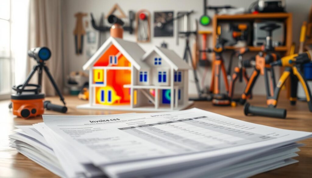A detailed, well-lit interior scene showcasing the various cost components of a home's thermal modernization project. In the foreground, a stack of itemized invoices and receipts for insulation, windows, heating system upgrades, and other energy-efficient renovations. The middle ground features a 3D model or diagram of the home's cross-section, highlighting the areas targeted for improvement. In the background, an array of thermal imaging cameras, caulking guns, and other specialized tools used during the assessment and installation process. The overall mood is informative and educational, conveying the practical details homeowners should consider when claiming tax deductions for their home's thermal modernization. A detailed, well-lit interior scene showcasing the various cost components of a home's thermal modernization project. In the foreground, a stack of itemized invoices and receipts for insulation, windows, heating system upgrades, and other energy-efficient renovations. The middle ground features a 3D model or diagram of the home's cross-section, highlighting the areas targeted for improvement. In the background, an array of thermal imaging cameras, caulking guns, and other specialized tools used during the assessment and installation process. The overall mood is informative and educational, conveying the practical details homeowners should consider when claiming tax deductions for their home's thermal modernization.
