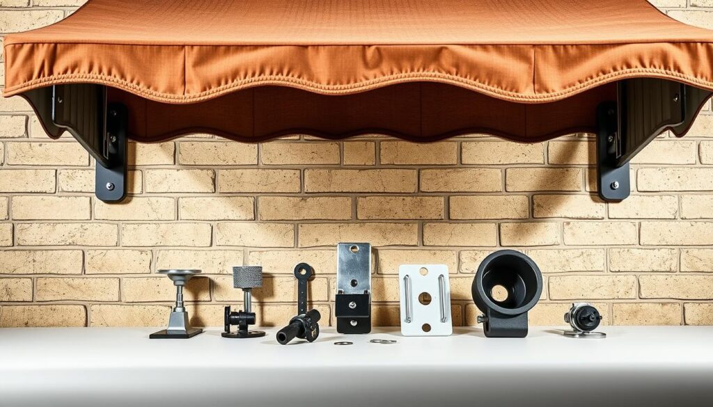 A detailed, well-lit studio shot of common installation mistakes in mounting an awning to a building facade. The foreground shows a partially installed awning with visible gaps, misaligned brackets, and loose hardware. The middle ground presents a selection of improperly sized or damaged components, while the background depicts a neutral-toned brick wall, highlighting the technical nature of the scene. The lighting is crisp and directional, casting dramatic shadows that emphasize the installation flaws. The overall mood is informative and educational, conveying the importance of precision when mounting an awning.