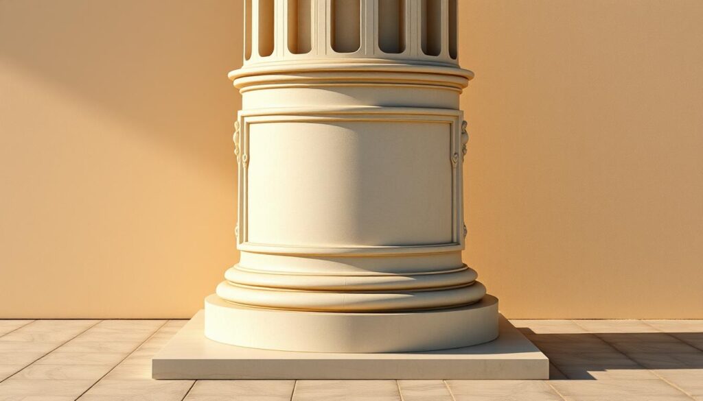 A freestanding pedestal, showcasing the height and architectural details of a facade base. The pedestal is crafted from smooth, light-colored stone, with a slightly tapered silhouette and a defined plinth. Intricate moldings and decorative carvings adorn the surface, casting interesting shadows under the warm, directional lighting. The pedestal stands elevated, with a subtle yet sturdy presence, inviting the viewer to appreciate the craftsmanship and the role it plays in the overall building design. The composition emphasizes the pedestal's proportions and structural integrity, capturing the essence of this essential architectural element.