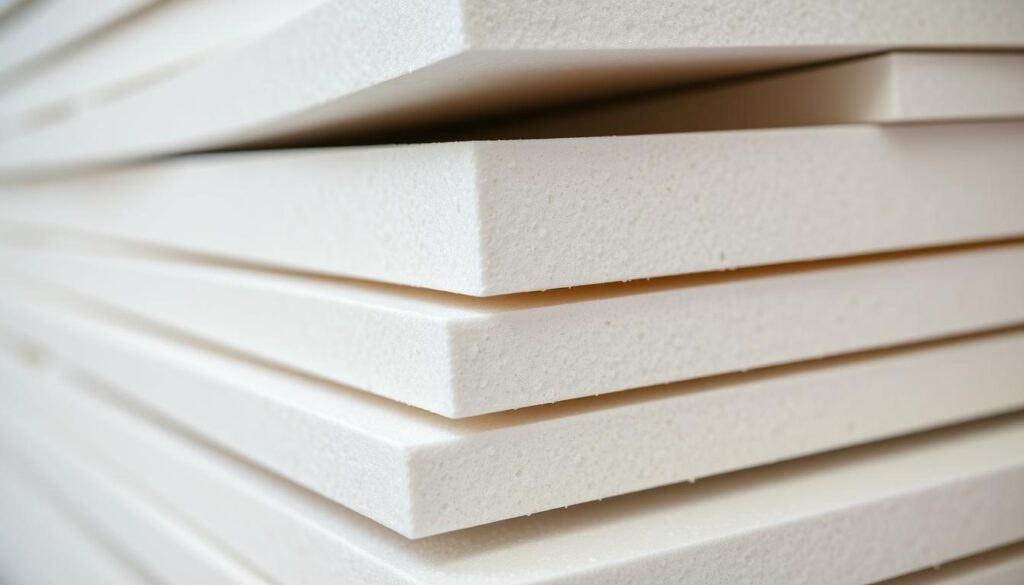 A high-quality close-up image of a stack of expanded polystyrene (EPS) insulation boards, their precise thickness clearly visible. The boards are arranged in a neat, organized manner, highlighting their uniform size and consistent dimensions. The lighting is soft and diffused, creating a calm, informative atmosphere. The focus is sharp, drawing the viewer's attention to the technical details of the insulation material. The background is slightly blurred, keeping the insulation boards as the central subject. The overall composition conveys a sense of professionalism and attention to detail, suitable for illustrating a practical guide on the appropriate thickness of EPS insulation for building exteriors.