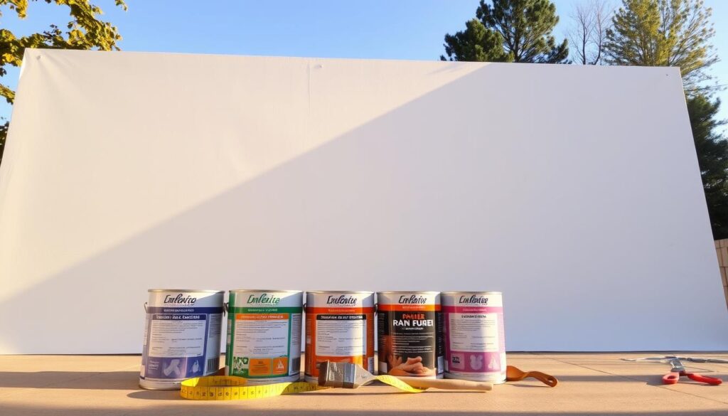 A large exterior wall, measuring approximately 100 square meters, glistening in the warm afternoon sunlight. The surface is smooth and uniform, ready to receive a fresh coat of paint. In the foreground, several paint cans of varying sizes are neatly arranged, their labels displaying the paint's color and technical specifications. The cans are accompanied by a measuring tape, a paint roller, and a brush, all the necessary tools for the task at hand. The background depicts a serene, residential neighborhood, with trees and buildings adding to the peaceful ambiance. The overall scene conveys a sense of preparation and anticipation, as the viewer contemplates the amount of paint required to cover the expansive wall area. A large exterior wall, measuring approximately 100 square meters, glistening in the warm afternoon sunlight. The surface is smooth and uniform, ready to receive a fresh coat of paint. In the foreground, several paint cans of varying sizes are neatly arranged, their labels displaying the paint's color and technical specifications. The cans are accompanied by a measuring tape, a paint roller, and a brush, all the necessary tools for the task at hand. The background depicts a serene, residential neighborhood, with trees and buildings adding to the peaceful ambiance. The overall scene conveys a sense of preparation and anticipation, as the viewer contemplates the amount of paint required to cover the expansive wall area.