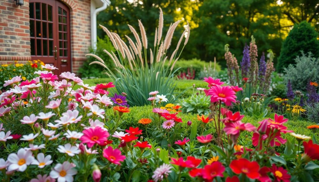 A lush, vibrant garden bed unfolds before a charming brick-and-stone facade, a harmonious interplay of colors and textures. In the foreground, a profusion of blooming flowers - delicate pastel petals, rich jewel-toned hues, and vibrant splashes of crimson - softly sway in a gentle breeze. The middle ground features a carefully curated arrangement of tall, wispy grasses and architectural perennials, their foliage providing depth and structure. Beyond, the background gently fades into a verdant backdrop of mature trees and shrubs, casting a warm, natural glow. The lighting is soft and diffused, creating an inviting, serene atmosphere that draws the eye inward, guiding the viewer's attention to the beautifully planned floral display.