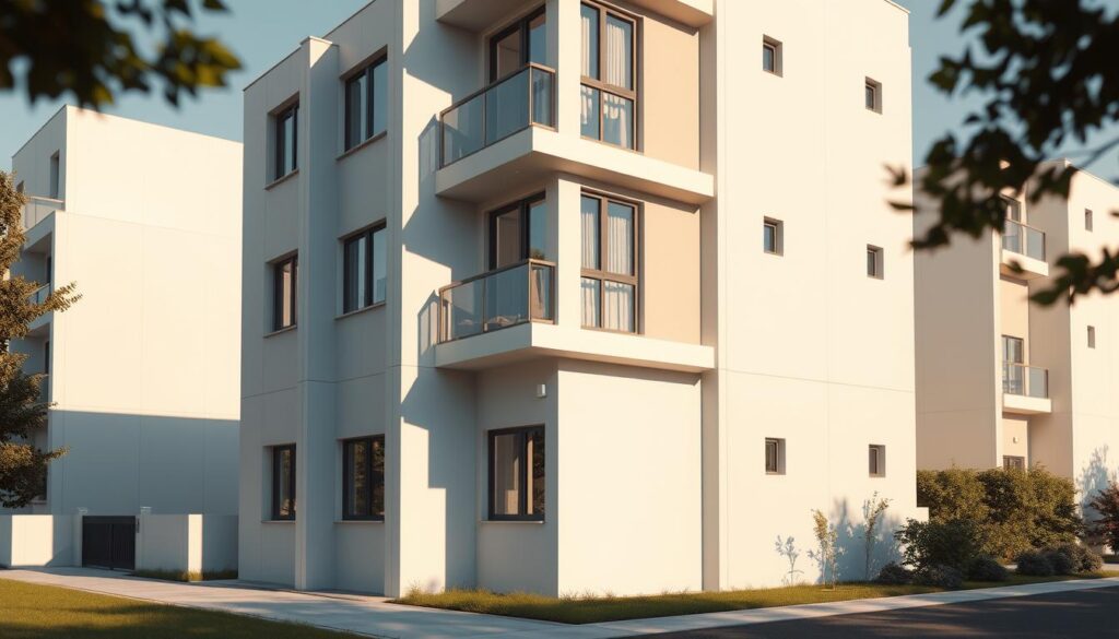 A meticulously detailed exterior of a modern residential building, showcasing the calculation of its external wall surface area. The structure stands in soft, warm lighting, with clean lines and precise architectural features. The camera angle provides a comprehensive view, capturing the building's dimensions and proportions. Shadows cast by the sun create depth and dimensionality, emphasizing the wall surfaces. The surrounding environment is subtly blurred, keeping the focus on the building's form and the necessary measurements. Textural elements, such as the material composition of the walls, are rendered with a high level of realism to aid in the visual understanding of the calculation process. A meticulously detailed exterior of a modern residential building, showcasing the calculation of its external wall surface area. The structure stands in soft, warm lighting, with clean lines and precise architectural features. The camera angle provides a comprehensive view, capturing the building's dimensions and proportions. Shadows cast by the sun create depth and dimensionality, emphasizing the wall surfaces. The surrounding environment is subtly blurred, keeping the focus on the building's form and the necessary measurements. Textural elements, such as the material composition of the walls, are rendered with a high level of realism to aid in the visual understanding of the calculation process.