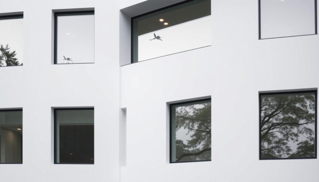 A modern and minimalist white facade with large, rectangular windows that let in ample natural light. The building's clean lines and sleek, contemporary design create a striking visual impression. The windows are framed by a subtle, neutral-toned exterior, allowing them to be the focal point. A soft, diffused lighting illuminates the scene, emphasizing the crisp, angular architectural elements. The overall effect is one of elegance, sophistication, and a harmonious blend of form and function.