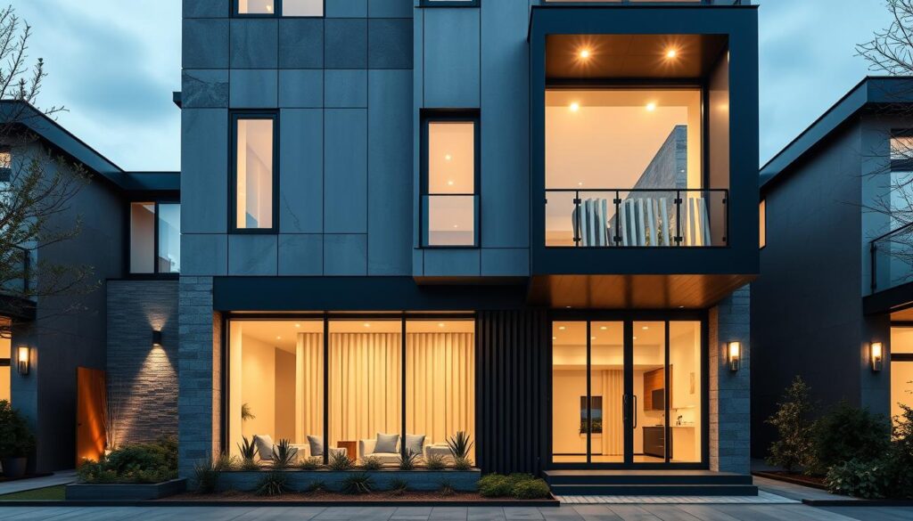 A modern, high-quality residential building facade with a clean, contemporary design. The elewacja (exterior cladding) features a harmonious combination of sleek, minimalist materials such as natural stone, metal, and glass panels. The lighting is soft and evenly distributed, creating a warm, inviting atmosphere. The composition emphasizes clean lines, sharp angles, and a balanced, symmetrical layout. The scene is captured from a slightly elevated, frontal perspective to showcase the architectural details and overall aesthetic. The image conveys a sense of sophisticated, yet approachable, design that would be representative of current trends in 2024. A modern, high-quality residential building facade with a clean, contemporary design. The elewacja (exterior cladding) features a harmonious combination of sleek, minimalist materials such as natural stone, metal, and glass panels. The lighting is soft and evenly distributed, creating a warm, inviting atmosphere. The composition emphasizes clean lines, sharp angles, and a balanced, symmetrical layout. The scene is captured from a slightly elevated, frontal perspective to showcase the architectural details and overall aesthetic. The image conveys a sense of sophisticated, yet approachable, design that would be representative of current trends in 2024.
