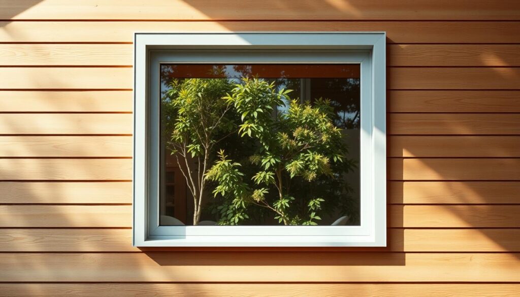 A modern, minimalist window set against a warm, wooden exterior with natural light flooding in. The window frame is sleek and streamlined, framing the view beyond with crisp, clean lines. The glass panes are large and unobstructed, allowing for maximum natural light and a seamless connection to the outdoors. The surrounding wooden siding is a light, muted tone, creating a calming and sophisticated aesthetic. Soft, diffused lighting from the exterior illuminates the interior, casting gentle shadows and highlighting the textural elements of the design. The overall scene conveys a sense of timeless elegance and contemporary style.