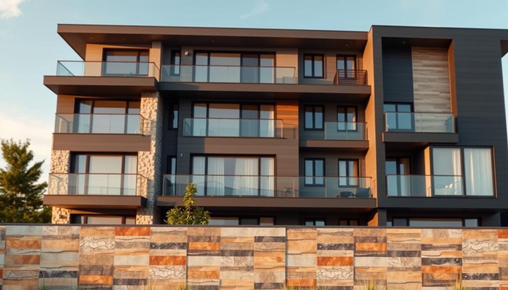 A modern, multi-story residential building with a sleek, minimalist facade. The exterior features a mix of clean, angular lines and textured materials, such as stone, wood, and metal accents. The building is bathed in warm, diffused lighting that casts gentle shadows, highlighting the architectural details. In the foreground, an expertly curated selection of contemporary exterior tiles in a harmonious color palette, ranging from earthy tones to bold, vibrant hues, adorns the facade. The composition emphasizes the interplay between the architectural elements and the carefully selected cladding materials, creating a visually striking and trend-setting representation of modern home design.