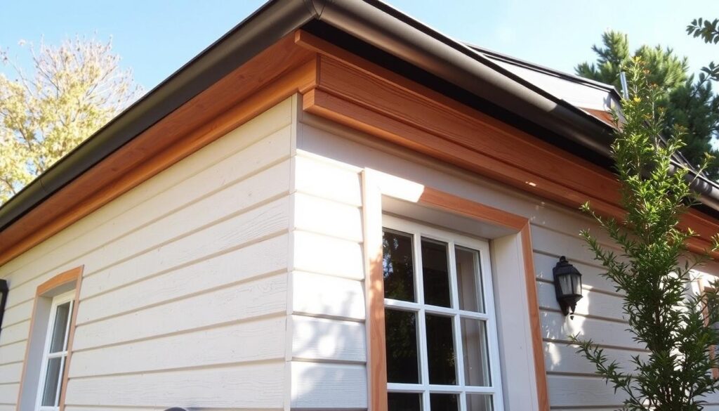 A neatly installed wooden fascia board adorns the exterior of a cozy, well-maintained house. The fascia, known as "podbitka" in the local language, seamlessly blends with the newly painted walls, creating a harmonious and visually appealing finish. Sunlight casts a warm glow, highlighting the natural texture and grain of the wood, adding a touch of rustic charm. The carefully crafted installation showcases the benefits of mounting the fascia after the completion of the main wall cladding, ensuring a precise, tidy, and visually striking result. This image captures the practical and aesthetic advantages of this installation approach, perfectly illustrating the "Zalety montażu podbitki po elewacji" section of the article.