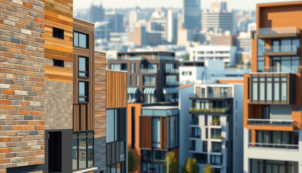 A photorealistic architectural illustration showcasing a variety of modern building facade (elewacja) types. The foreground features detailed close-up views of different cladding materials, textures, and patterns, such as brick, stone, wood, metal, and glass. The middle ground depicts full-scale elevations of residential and commercial structures, highlighting diverse architectural styles and design elements. The background sets the scene with a subtly blurred urban landscape, conveying a sense of context and scale. The lighting is natural and directional, casting dramatic shadows and highlights to accentuate the materiality and forms. The overall mood is informative, highlighting the aesthetic and functional diversity of building facades.