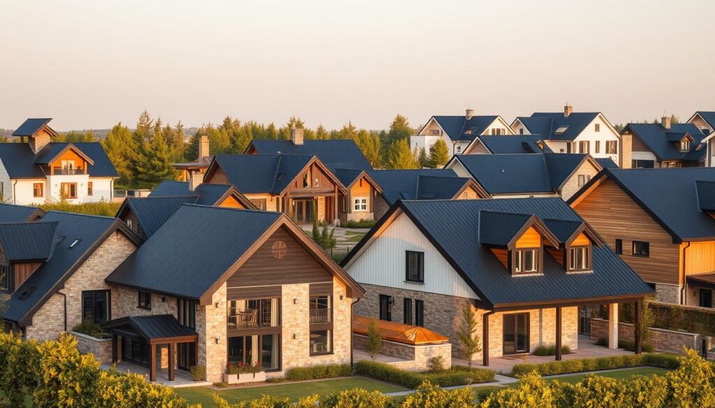 A picturesque collection of modern homes with sleek black roofs and carefully curated exteriors. The houses are bathed in warm, natural lighting, casting gentle shadows across the facades. The architectural styles range from traditional to contemporary, showcasing a harmonious blend of materials such as stone, wood, and glass. The surrounding landscapes feature lush greenery, complementing the clean lines and muted color palette of the buildings. The overall scene exudes a sense of sophisticated elegance and thoughtful design, capturing the essence of the "Czarny dach jaka elewacja" article's subject matter.