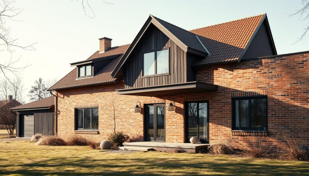 A rustic yet modern farmhouse nestled in a Scandinavian-inspired landscape. Weathered red brick walls contrast with sleek, minimalist lines, complemented by a classic gabled roof in a warm, earthy tone. Soft natural light filters through large windows, casting gentle shadows and highlighting the interplay of old and new. The scene exudes a harmonious blend of traditional charm and contemporary elegance, embodying the essence of timeless architectural design. A rustic yet modern farmhouse nestled in a Scandinavian-inspired landscape. Weathered red brick walls contrast with sleek, minimalist lines, complemented by a classic gabled roof in a warm, earthy tone. Soft natural light filters through large windows, casting gentle shadows and highlighting the interplay of old and new. The scene exudes a harmonious blend of traditional charm and contemporary elegance, embodying the essence of timeless architectural design.