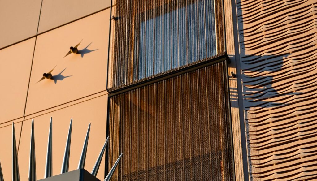 A sleek and modern facade adorned with an array of discrete yet effective anti-bird deterrents. In the foreground, a series of slim, stainless steel spikes protrude outward, creating an uninviting perch for any would-be feathered visitors. The middle ground showcases a network of transparent nylon netting, strategically installed to block entry points while maintaining an unobtrusive aesthetic. In the background, the textured wall surface features a subtle pattern of undulating grooves, designed to discourage nesting. Warm, directional lighting casts dramatic shadows, emphasizing the architectural detailing and creating a sense of visual interest. The overall composition conveys a cohesive, well-planned solution to the challenge of protecting the building's facade from the persistent presence of swallows. A sleek and modern facade adorned with an array of discrete yet effective anti-bird deterrents. In the foreground, a series of slim, stainless steel spikes protrude outward, creating an uninviting perch for any would-be feathered visitors. The middle ground showcases a network of transparent nylon netting, strategically installed to block entry points while maintaining an unobtrusive aesthetic. In the background, the textured wall surface features a subtle pattern of undulating grooves, designed to discourage nesting. Warm, directional lighting casts dramatic shadows, emphasizing the architectural detailing and creating a sense of visual interest. The overall composition conveys a cohesive, well-planned solution to the challenge of protecting the building's facade from the persistent presence of swallows.