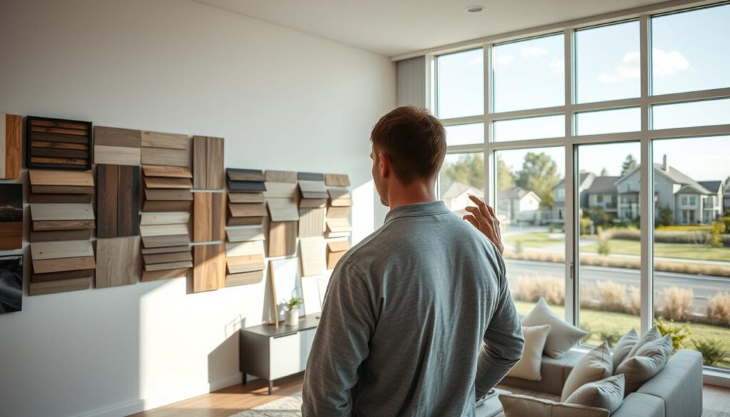 A spacious, well-lit interior with a modern, minimalist living room. The walls are adorned with a variety of carefully curated exterior siding samples, showcasing different textures, colors, and materials. In the foreground, a homeowner stands, contemplating the options, with a thoughtful expression. Soft, natural lighting filters through large windows, casting a warm, inviting glow throughout the space. In the background, a panoramic view of a picturesque suburban neighborhood, highlighting the importance of selecting an elewacja (exterior cladding) that complements the surrounding architecture and landscape.