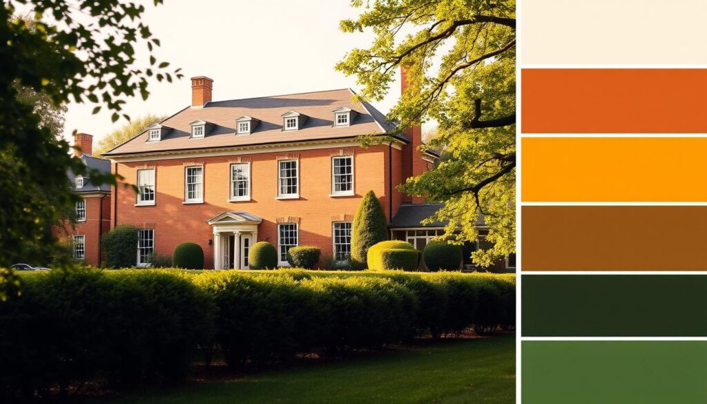 A stately brick building stands in the foreground, its classic facade bathed in warm, golden sunlight. Surrounding it, a lush, verdant landscape frames the scene, with rows of neatly manicured hedges and trees lining the property. In the background, a series of complementary color palettes come together, with muted tones of beige, ochre, and sage creating a harmonious and timeless atmosphere. The overall composition evokes a sense of elegance and traditional charm, perfectly capturing the essence of "classic color schemes for building exteriors".