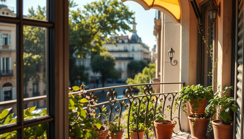 A sun-drenched French balcony, its wrought-iron railing framing a picturesque urban scene. The balcony's graceful curved design and decorative metalwork add charming architectural detail. In the foreground, potted plants and delicate trailing vines spill over the edge, creating a lush, inviting atmosphere. The middle ground features a bustling city street, with historic buildings and lush foliage in the background, conveying a sense of timeless European elegance. Warm, soft lighting casts a gentle glow, highlighting the balcony's ornate features and creating a tranquil, romantic ambiance. A sun-drenched French balcony, its wrought-iron railing framing a picturesque urban scene. The balcony's graceful curved design and decorative metalwork add charming architectural detail. In the foreground, potted plants and delicate trailing vines spill over the edge, creating a lush, inviting atmosphere. The middle ground features a bustling city street, with historic buildings and lush foliage in the background, conveying a sense of timeless European elegance. Warm, soft lighting casts a gentle glow, highlighting the balcony's ornate features and creating a tranquil, romantic ambiance.