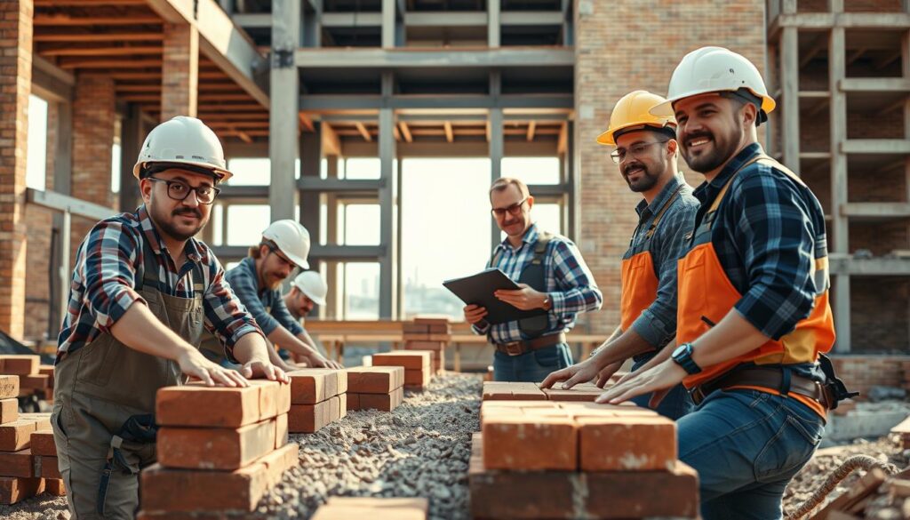 A team of skilled construction workers diligently working on a building project. In the foreground, workers carefully laying bricks and mortar, their movements precise and coordinated. In the middle ground, a foreman oversees the operation, clipboard in hand, ensuring the work progresses efficiently. In the background, the partially completed structure stands tall, its clean lines and modern architecture suggesting a professional, high-quality construction. The scene is illuminated by warm, natural sunlight, casting subtle shadows and highlighting the textures of the materials. The workers' expressions convey a sense of pride and focus, reflecting the dedication and expertise of a seasoned, professional crew.
