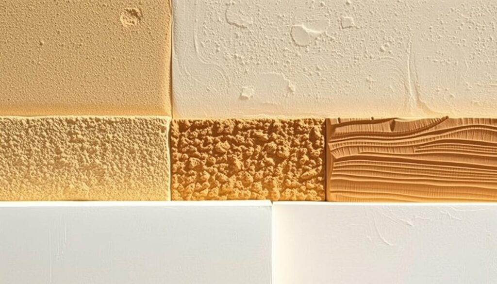 A vibrant display of various textured wall finishes, showcasing the diverse properties of exterior stuccos. In the foreground, a smooth, pristine layer of white plaster contrasts with a rugged, sand-textured surface in an earthy tone. Transitioning to the middle ground, a subtly patterned, sponge-applied finish adds visual interest, while in the background, a bold, troweled application with distinct ridges creates depth and dimension. Warm, indirect lighting casts gentle shadows, accentuating the unique tactile qualities of each stucco type. The overall scene conveys the versatility and aesthetic possibilities of exterior wall coatings, inspiring thoughtful selection for a stunningly stylish facade.