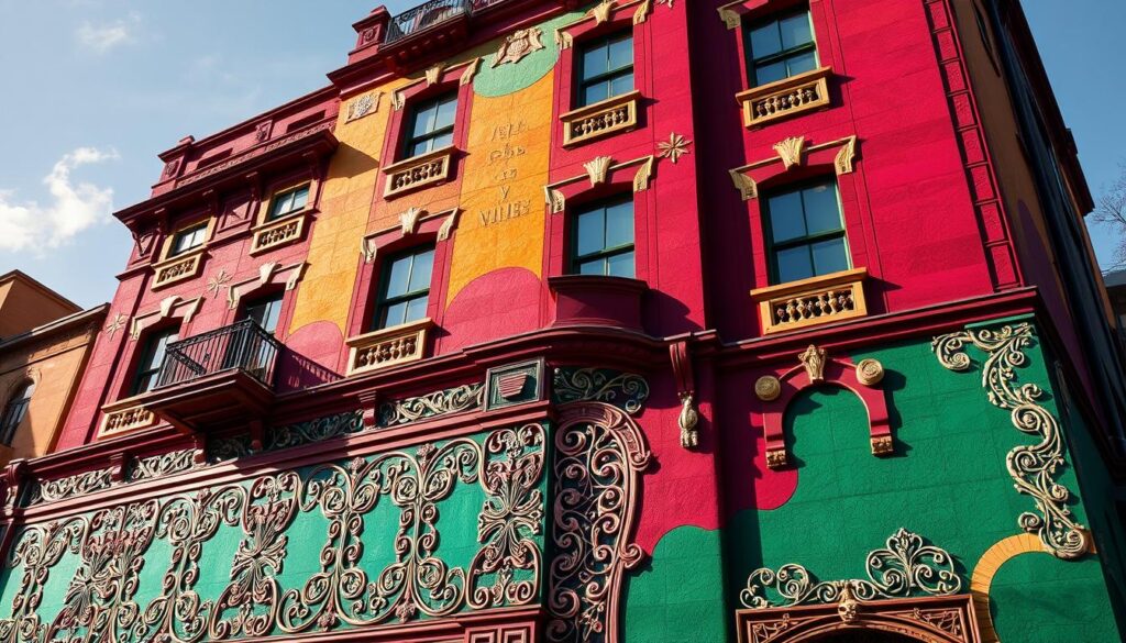 A vibrant, extravagant facade with an array of unique, unexpected color combinations. The building stands tall, its walls adorned with a captivating blend of hues that defy traditional norms - rich burgundy, deep emerald, vibrant ochre, and shimmering metallic accents. Intricate patterns and textural details catch the eye, creating a visually striking, almost theatrical effect. Dramatic, angled lighting casts dynamic shadows, highlighting the architectural features and lending an air of sophistication and artistic flair. The overall impression is one of bold, unapologetic self-expression, a joyful celebration of color and design that demands attention and sparks the imagination.