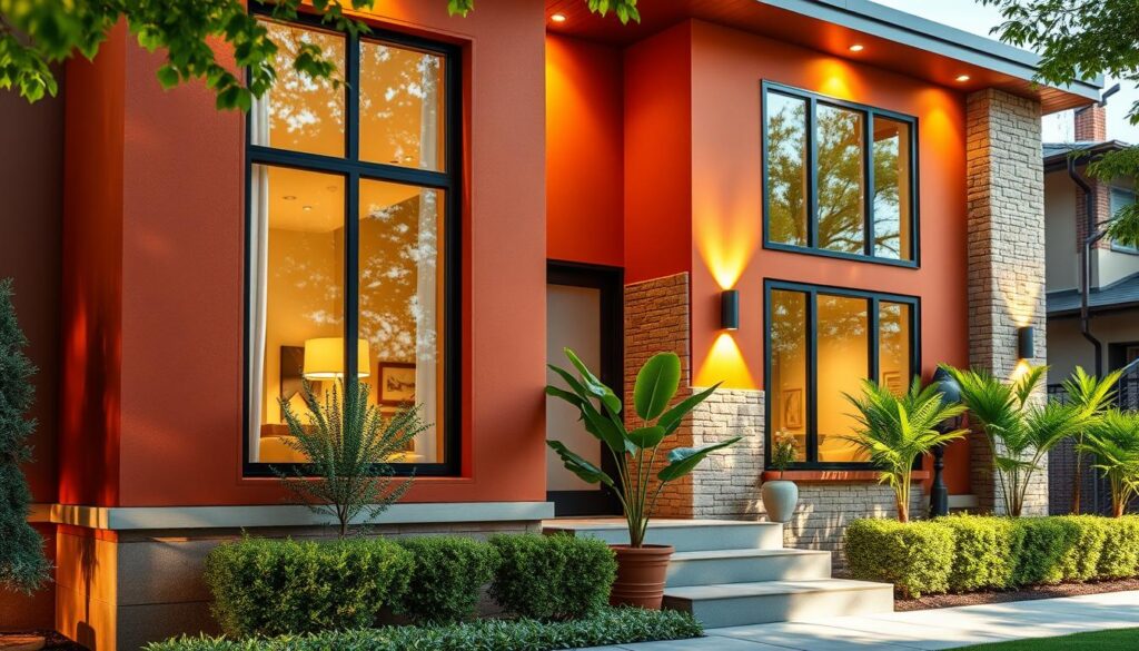 A vibrant, modern house façade with a bold color palette. The exterior features a harmonious blend of warm earth tones, including terracotta, ochre, and burnished bronze. Textured surfaces, such as stone cladding and painted timber, create depth and visual interest. Large windows with sleek, minimalist frames let in ample natural light, complementing the contemporary architectural style. Lush greenery, including neatly trimmed hedges and potted plants, softens the sharp lines of the building. Warm, directional lighting accentuates the façade's architectural details, casting dramatic shadows and lending a cozy, inviting atmosphere. The overall aesthetic is one of sophistication, style, and trend-forward design.