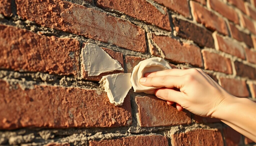 A weathered brick wall, its surface pockmarked with cracks and crumbling mortar. In the foreground, a skilled hand carefully applies a smooth, putty-like compound, meticulously filling the gaps and restoring the wall's structural integrity. Warm, natural lighting casts gentle shadows, emphasizing the textural details and the care taken in the repair process. The scene conveys a sense of diligence and the importance of maintaining the building's facade, ensuring its longevity and aesthetic appeal. The resulting image should visually communicate the significance of properly addressing and preventing further damage to the exterior of a structure. A weathered brick wall, its surface pockmarked with cracks and crumbling mortar. In the foreground, a skilled hand carefully applies a smooth, putty-like compound, meticulously filling the gaps and restoring the wall's structural integrity. Warm, natural lighting casts gentle shadows, emphasizing the textural details and the care taken in the repair process. The scene conveys a sense of diligence and the importance of maintaining the building's facade, ensuring its longevity and aesthetic appeal. The resulting image should visually communicate the significance of properly addressing and preventing further damage to the exterior of a structure.