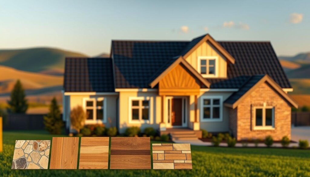 A well-designed house exterior with a striking black roof, showcasing the key principles of facade selection. In the foreground, a series of material samples - stone, wood, stucco, and brick - demonstrating the diverse textures and colors that complement the dark roofing. In the middle ground, a realistic 3D rendering of the house, lit by warm, natural lighting that casts subtle shadows, highlighting the architectural details. In the background, a softly blurred landscape provides context, with rolling hills and a clear sky creating a serene, inviting atmosphere. The overall composition conveys a sense of thoughtful, harmonious design that balances the bold roof with the carefully chosen facade elements.
