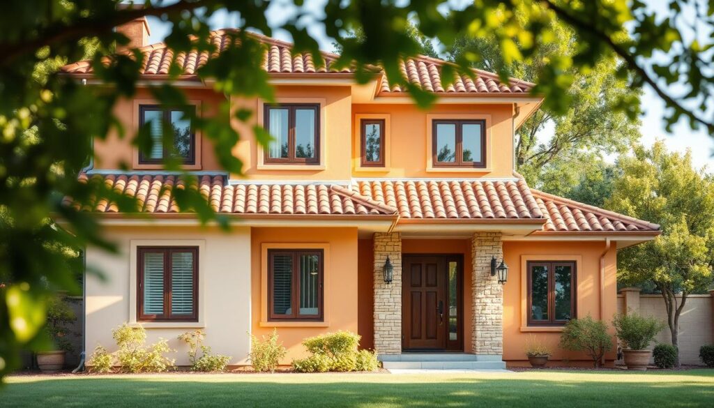 A well-designed house exterior with a warm, inviting atmosphere. In the foreground, a modern two-story home with a brown tiled roof stands proudly, its façade bathed in soft, natural lighting. The middle ground showcases the careful selection of exterior colors - a harmonious blend of earthy tones, perhaps a rich ochre or terracotta, complementing the brown window frames and door. In the background, lush greenery, such as mature trees or a well-manicured lawn, frames the scene, creating a pleasant, peaceful ambiance. The overall composition conveys a sense of thoughtful color coordination, reflecting the expertise and guidance needed to achieve the perfect exterior palette for a home with a brown roof and windows.