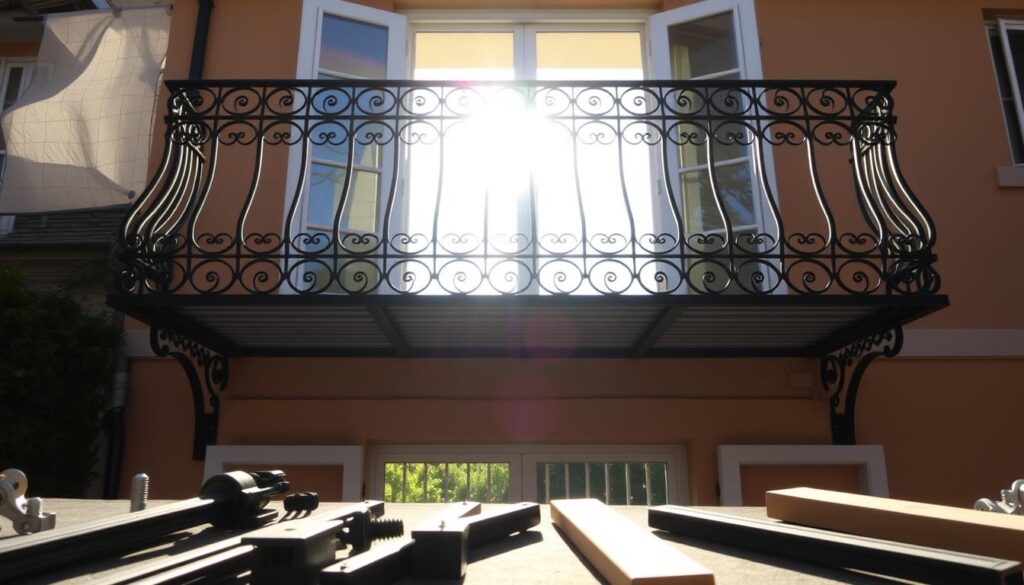 A well-lit French balcony, its intricate metalwork and glass panels standing in contrast against a warm, sun-dappled facade. In the foreground, tools and materials hint at the challenges of installation - brackets, fasteners, and weatherproofing elements arranged with precision. The middle ground showcases the balcony's elegant lines and detailed craftsmanship, while the background provides a sense of context, perhaps with neighboring buildings or a lush garden vista. The scene conveys the artistry and technical expertise required to harmoniously integrate a French balcony into an existing architectural landscape. A well-lit French balcony, its intricate metalwork and glass panels standing in contrast against a warm, sun-dappled facade. In the foreground, tools and materials hint at the challenges of installation - brackets, fasteners, and weatherproofing elements arranged with precision. The middle ground showcases the balcony's elegant lines and detailed craftsmanship, while the background provides a sense of context, perhaps with neighboring buildings or a lush garden vista. The scene conveys the artistry and technical expertise required to harmoniously integrate a French balcony into an existing architectural landscape.