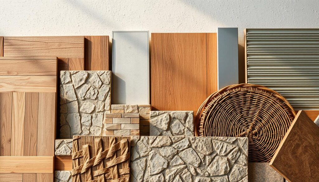 A well-lit, detailed image of various construction materials arranged in a visually appealing composition, showcasing potential alternatives to traditional plaster for exterior wall cladding. The foreground features an assortment of textured, natural materials such as wood panels, stone tiles, and woven wicker mats. The middle ground includes sleek, modern materials like cement boards, fiber-cement siding, and metal sheets. The background subtly blends a neutral color palette, casting warm, diffused lighting that accentuates the tactile qualities of the materials. The overall scene conveys a sense of experimentation, innovation, and the versatility of non-traditional cladding solutions for exterior walls. A well-lit, detailed image of various construction materials arranged in a visually appealing composition, showcasing potential alternatives to traditional plaster for exterior wall cladding. The foreground features an assortment of textured, natural materials such as wood panels, stone tiles, and woven wicker mats. The middle ground includes sleek, modern materials like cement boards, fiber-cement siding, and metal sheets. The background subtly blends a neutral color palette, casting warm, diffused lighting that accentuates the tactile qualities of the materials. The overall scene conveys a sense of experimentation, innovation, and the versatility of non-traditional cladding solutions for exterior walls.